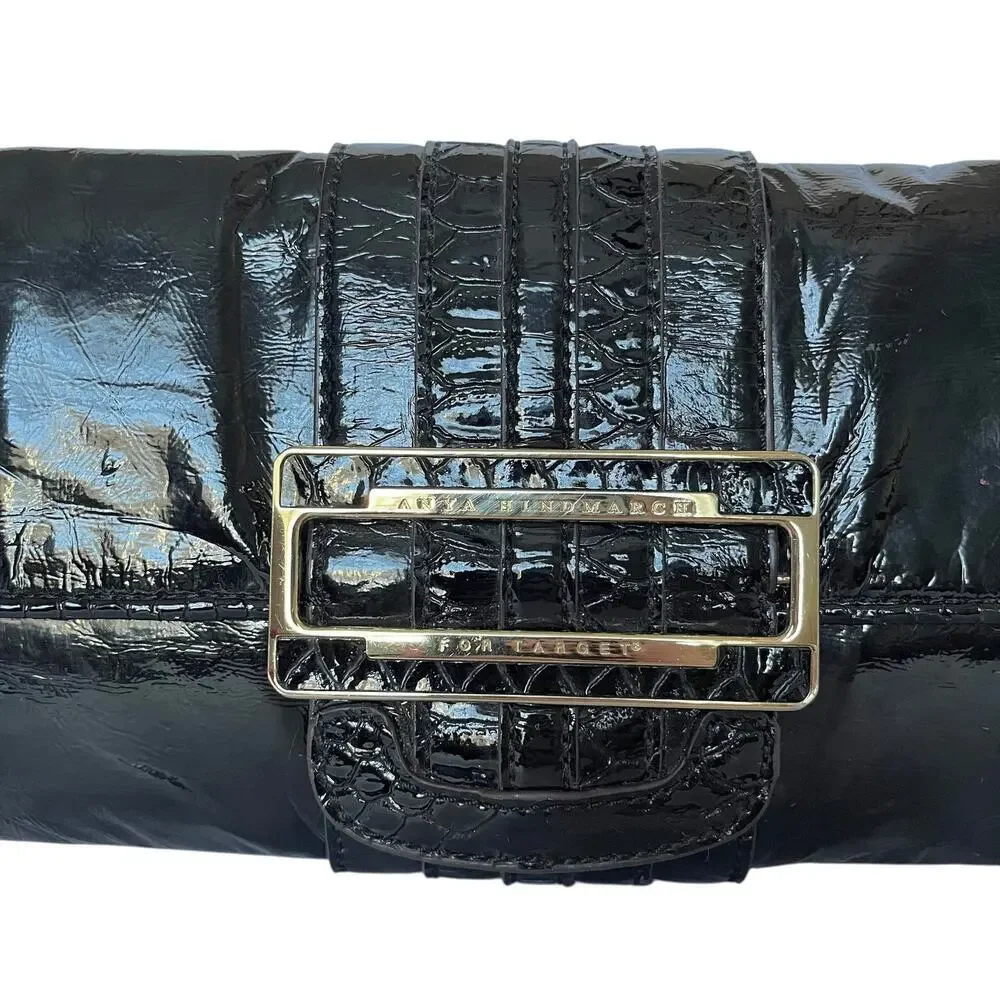 Y2K Anya Hindmarch x Target Black Patent Faux Leather Buckle Clutch Evening Bag